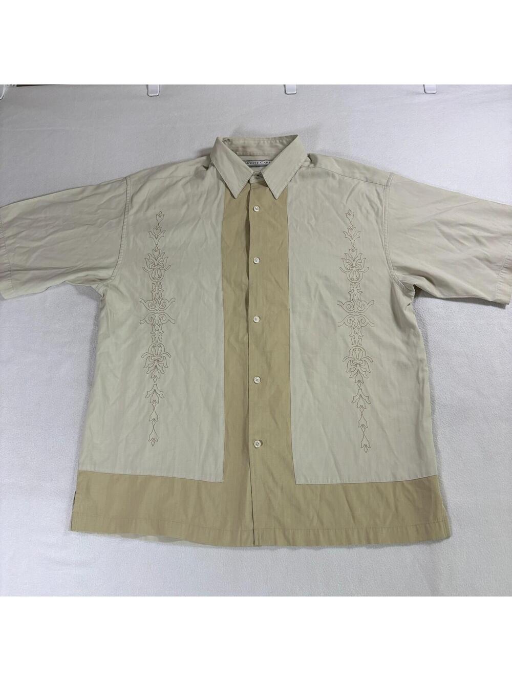 Monte Carlo Shirt Men L Beige Camp Guayabera Embroidered Button Up Casual